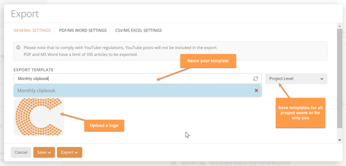 Export settings template