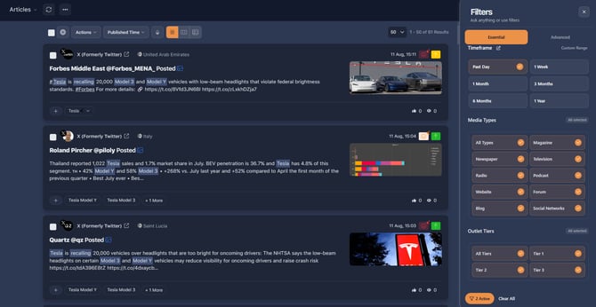 Essential filters panel open beside the Articles page
