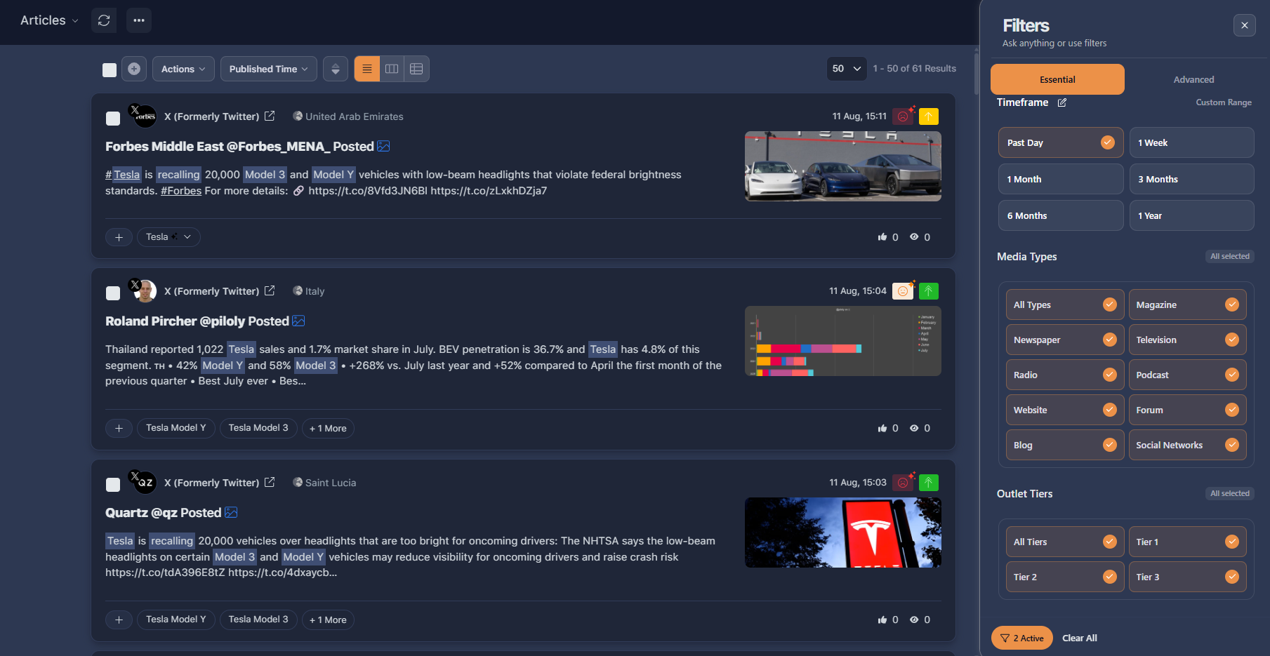 Essential filters panel open beside the Articles page